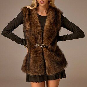 Brown Casual Women's Waist Buckle Faux Fur Vest Jacket